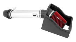 A Spectre Performance late model air intake for 2011-2014 Ford F150 pickup trucks with a 5.0L V8 is fitted with a HPR synthetic air filter and polished aluminum air intake tubes