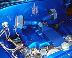 Chance Blevins created a unique dual performance air filter muscle car air intake system color matched to the truck’s exterior