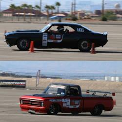 '69 Camaro and C10R competing in autocross