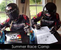 Rodney in his Spectre helmet and driving suit sitting with a K&N Filters coloring book