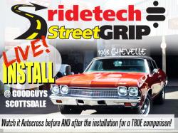 Picture of ad for the Live Install of RideTech equipment at the Scottsdale Goodguys show.