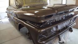 The C10 receiving several coats of Honda CR-V brown paint